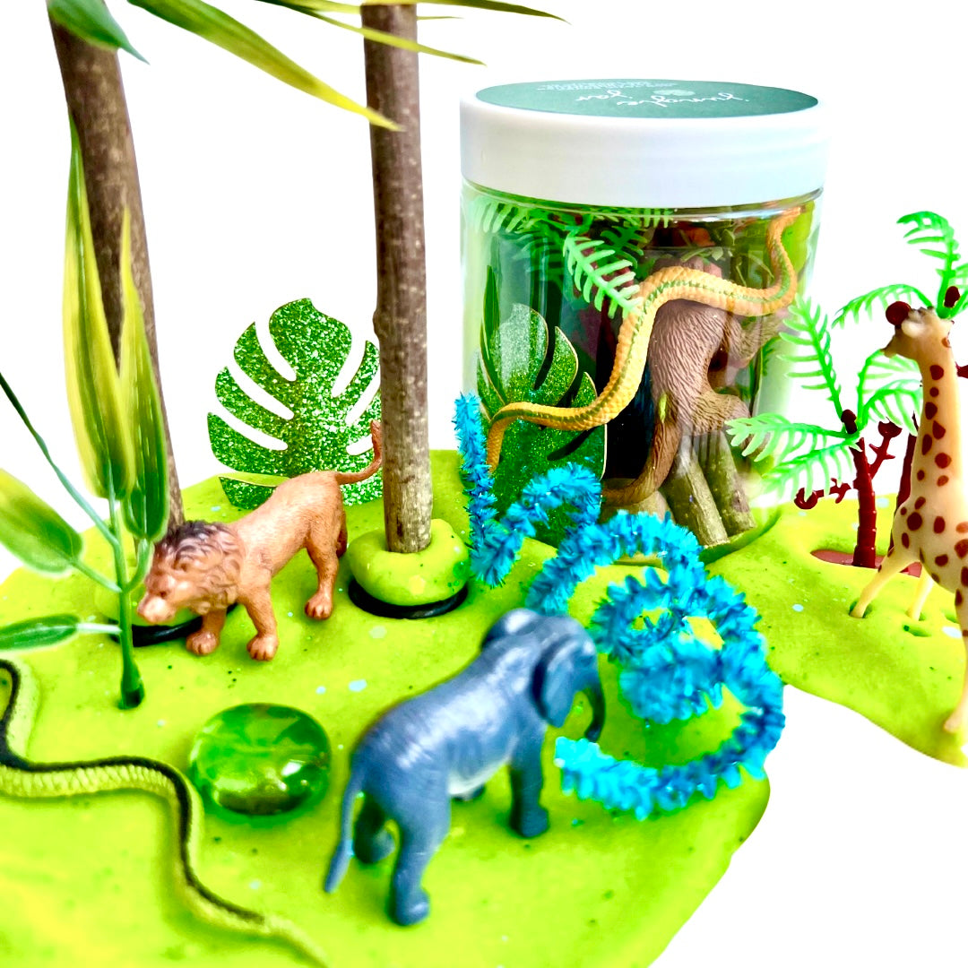 Jungle and Safari Animals Playdough Kit | Themed Trinkets and Natural Playdough Jar for Shared Play