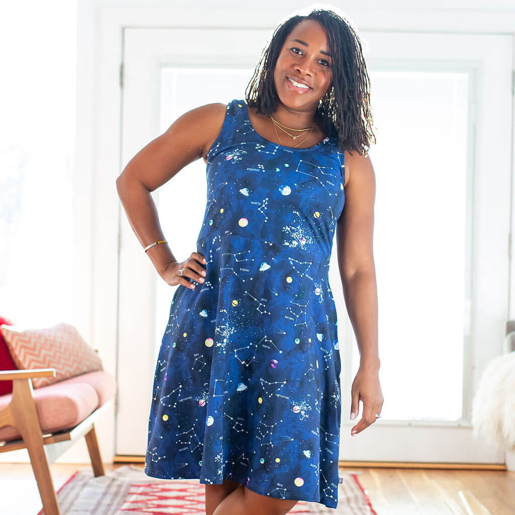"Cosmic Compass" Constellations Adult Sleeveless Dress with Pockets