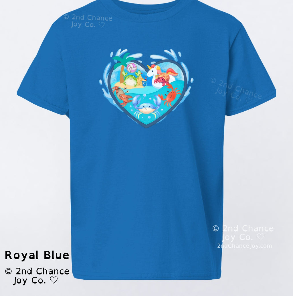 Crabby Hearts Kids T-Shirt | Cute Ocean Crabs and Unicorn Heart Soft-Fit Kids Tee