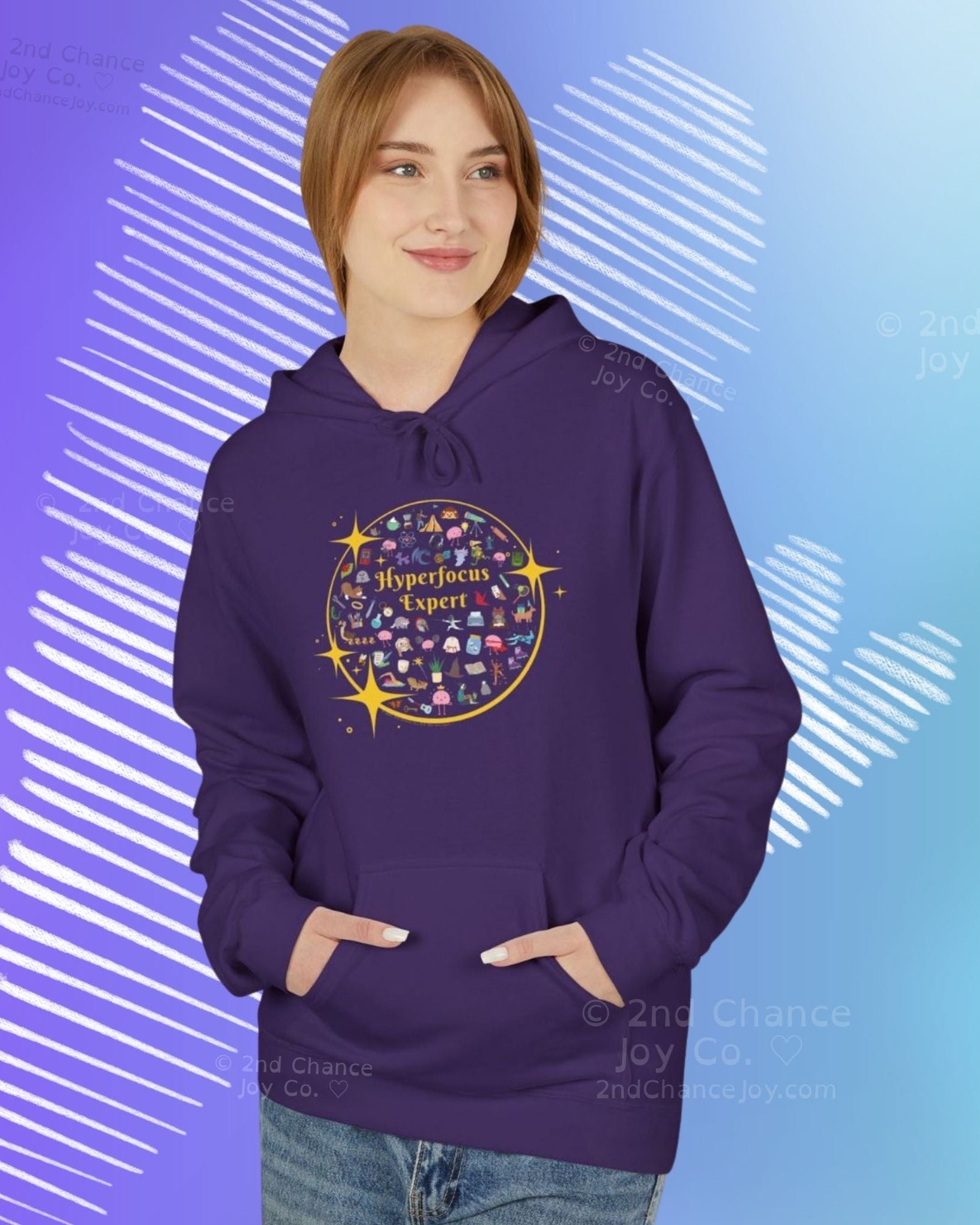 Person wearing a purple hoodie with a colorful design on a blue and purple background