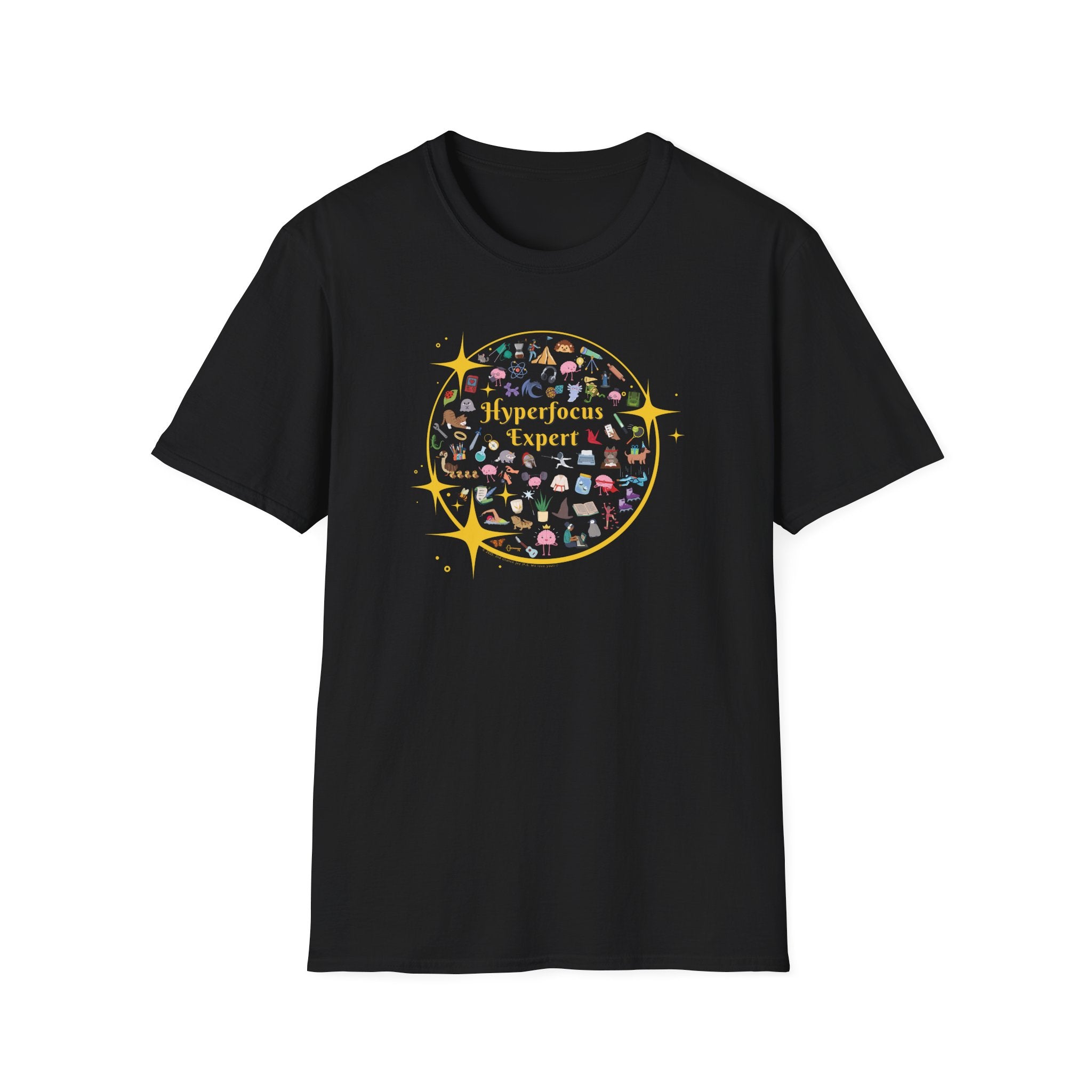 Hyperfocus Expert T-Shirt | ADHD and Neurodiversity Starry Mini Icons Shirt - Unisex Adults