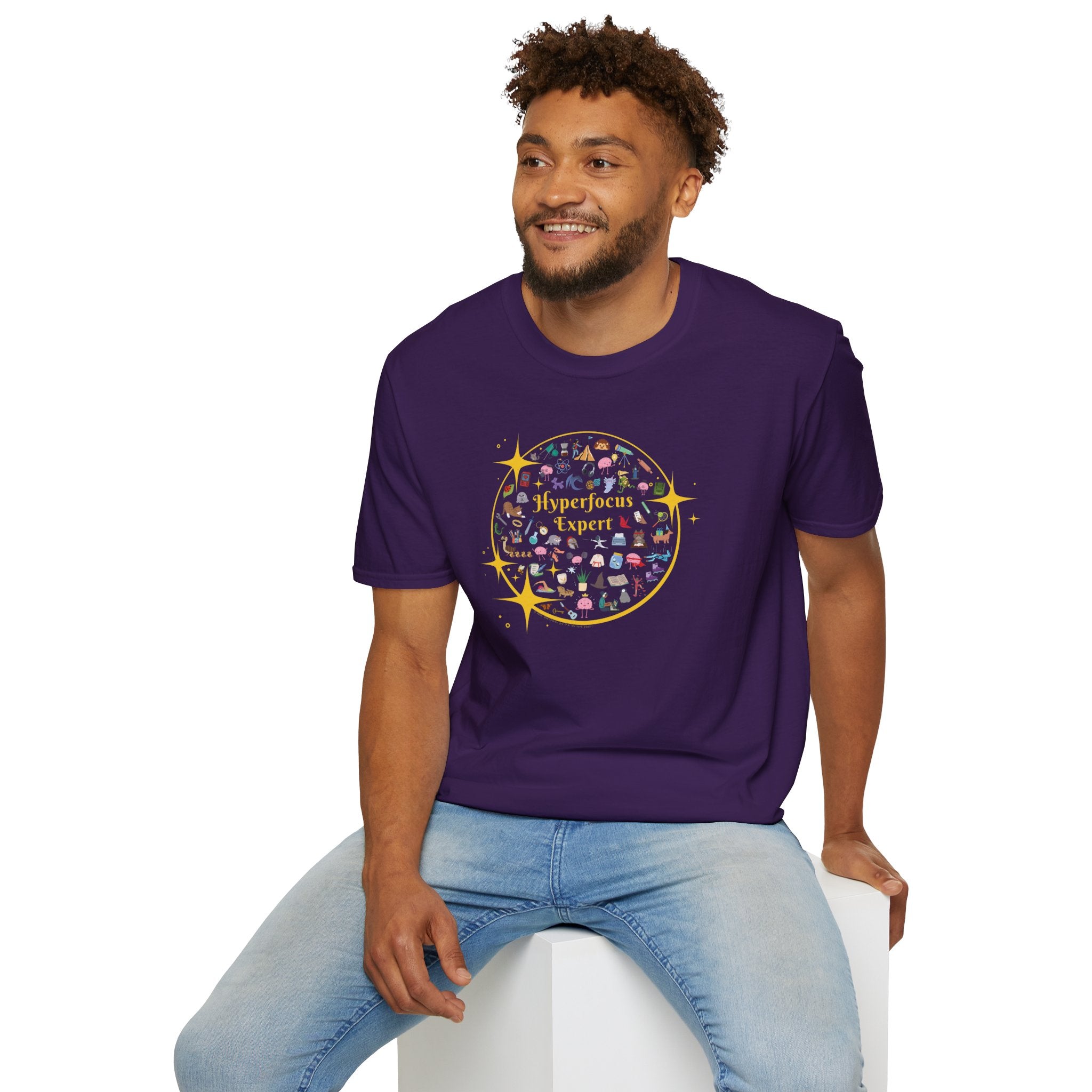Hyperfocus Expert T-Shirt | ADHD and Neurodiversity Starry Mini Icons Shirt - Unisex Adults