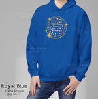 Blue hoodie with 'Hyperfocus Expert' design on a gray background