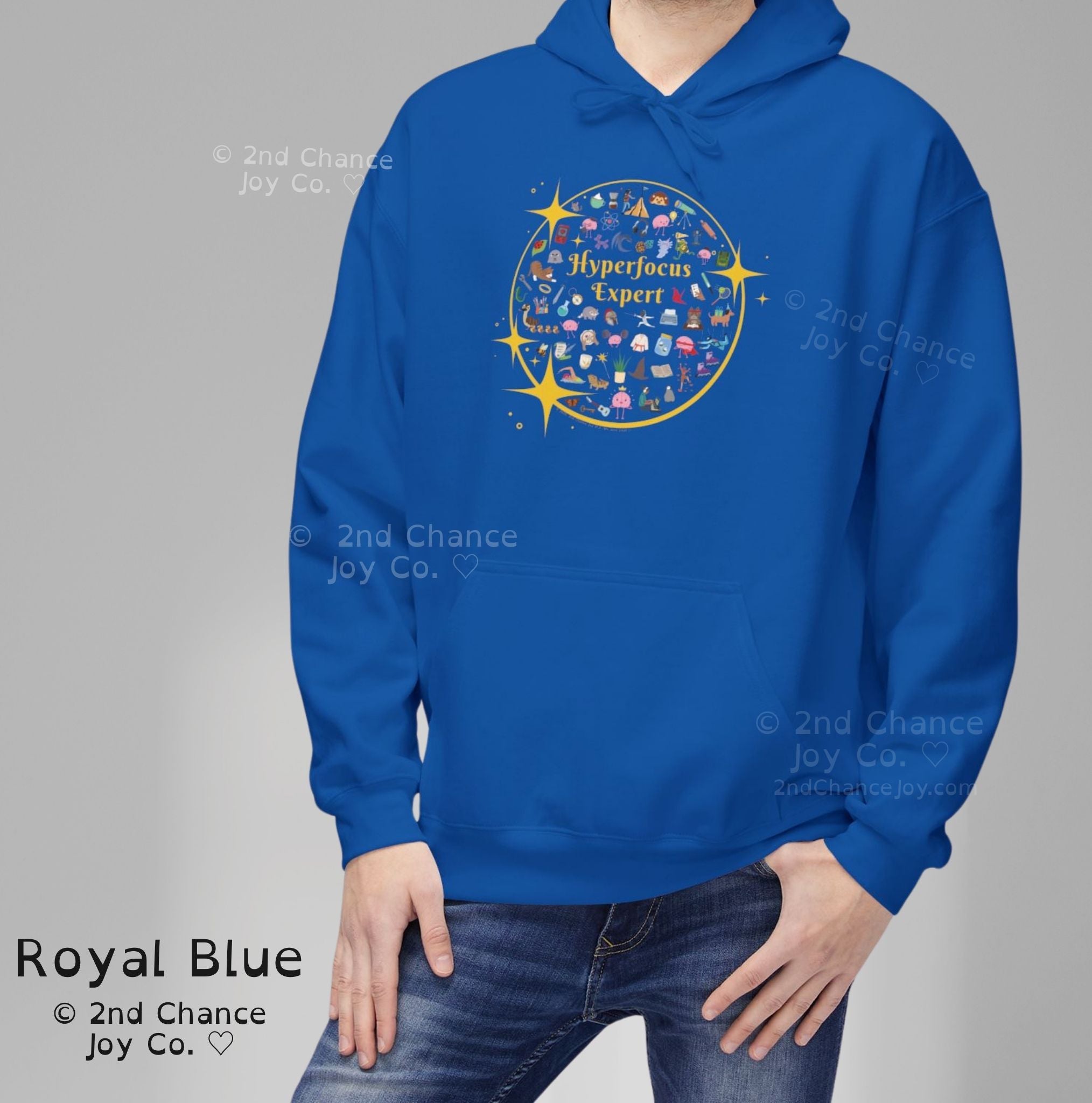 Blue hoodie with 'Hyperfocus Expert' design on a gray background