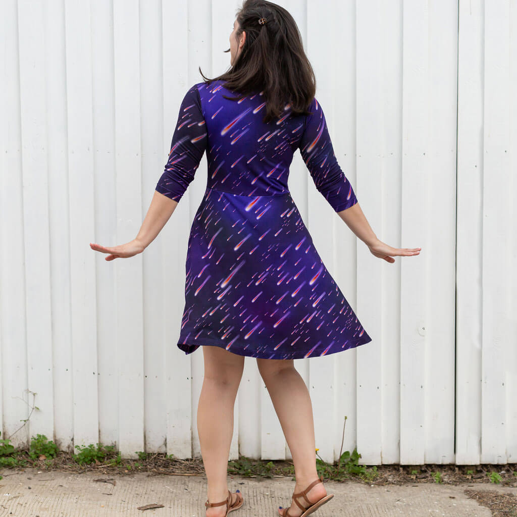 "Party Crashers" Meteor Shower Adult V-Neck A-Line Dress with Sleeves and Pockets