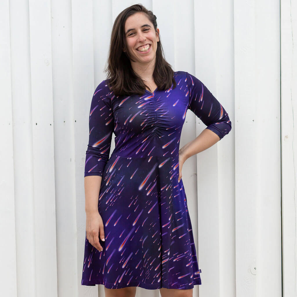 "Party Crashers" Meteor Shower Adult V-Neck A-Line Dress with Sleeves and Pockets