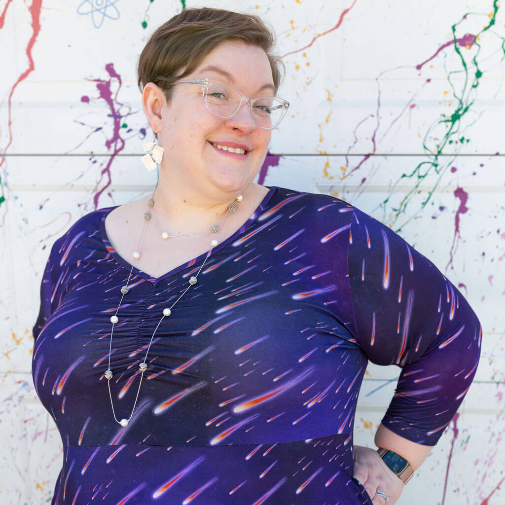 "Party Crashers" Meteor Shower Adult V-Neck A-Line Dress with Sleeves and Pockets