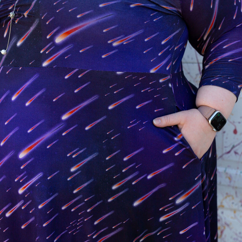 "Party Crashers" Meteor Shower Adult V-Neck A-Line Dress with Sleeves and Pockets