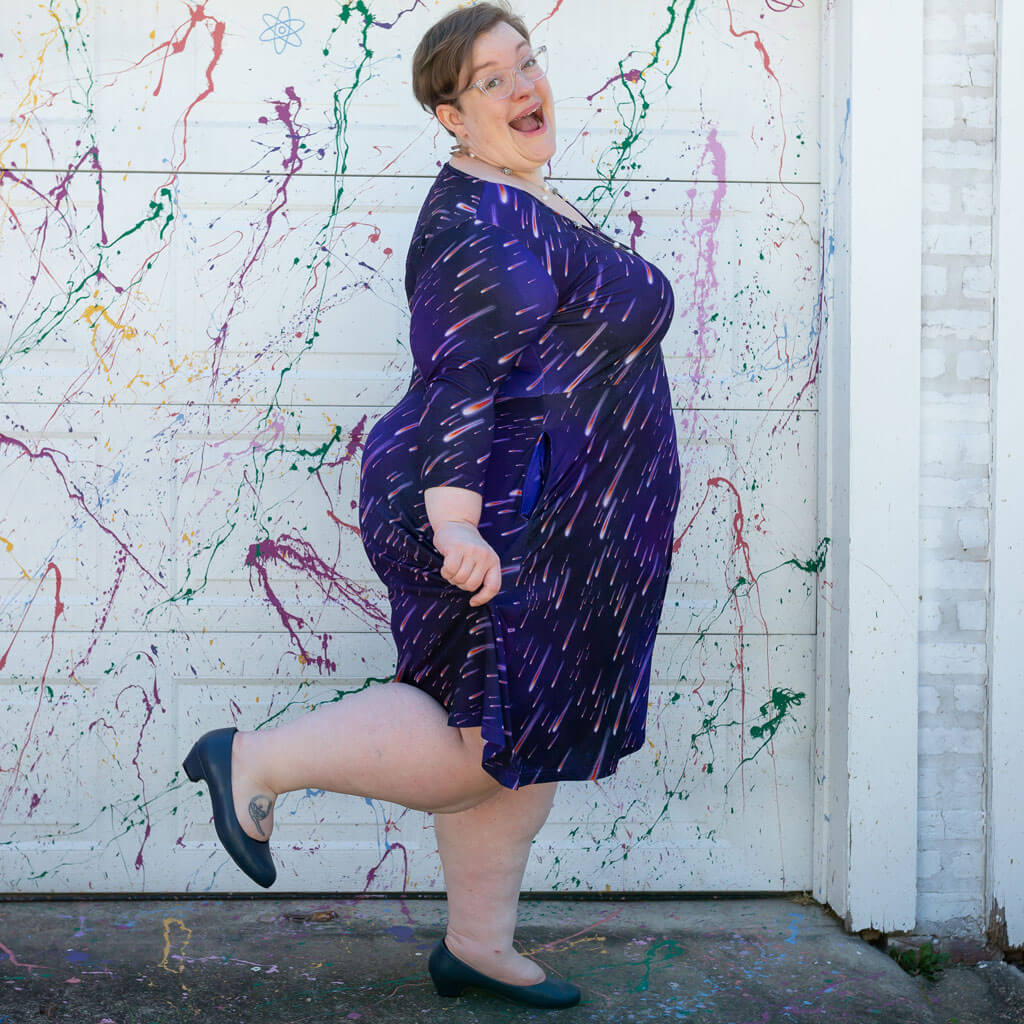 "Party Crashers" Meteor Shower Adult V-Neck A-Line Dress with Sleeves and Pockets