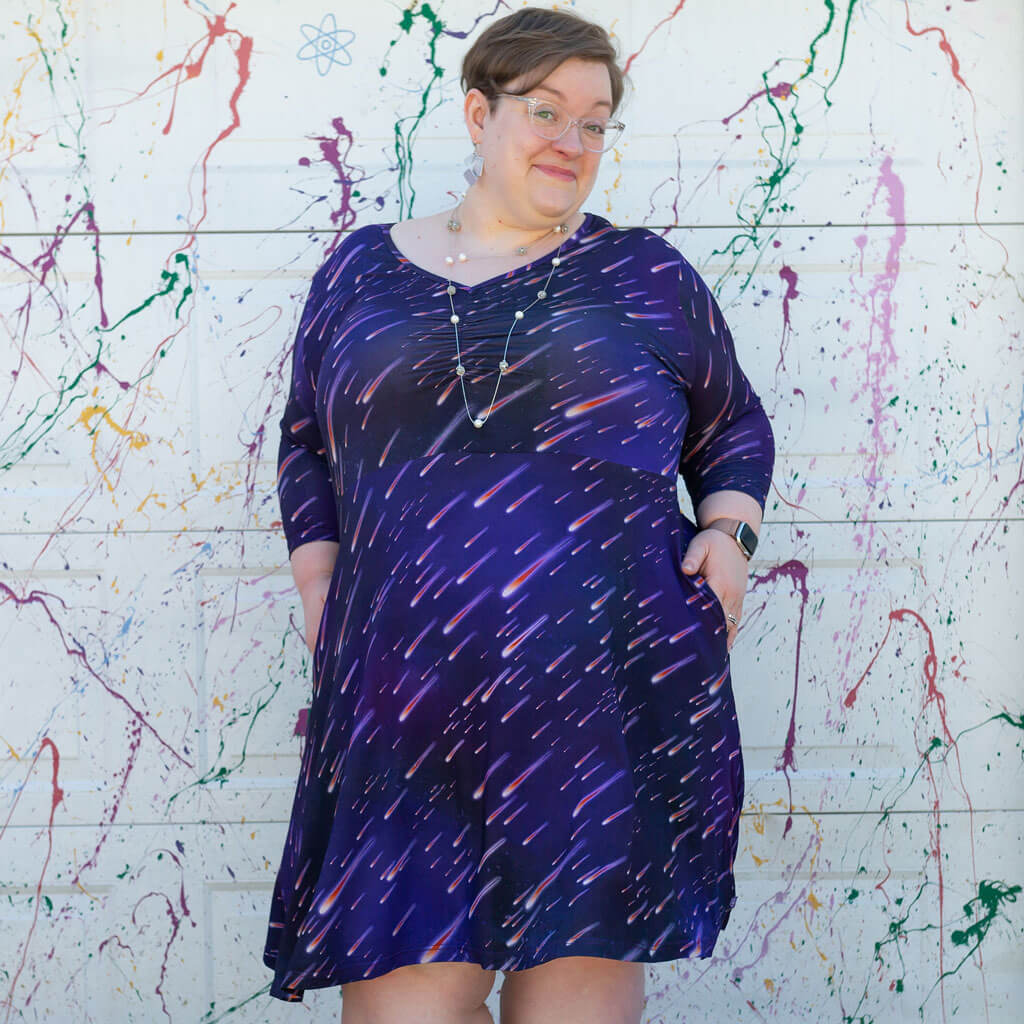 "Party Crashers" Meteor Shower Adult V-Neck A-Line Dress with Sleeves and Pockets