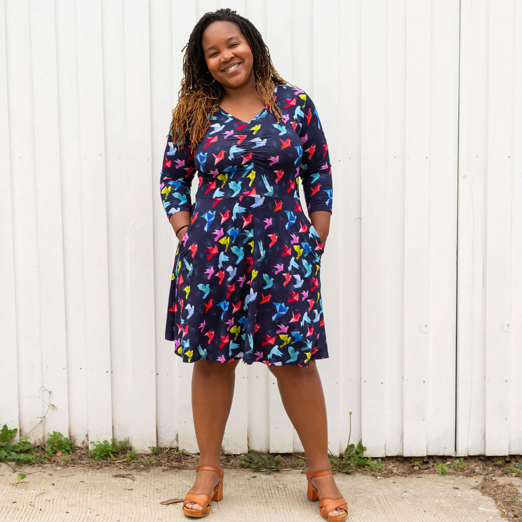 "Flight of Fancy" Origami Birds | Adult V-Neck A-Line Dress with Sleeves and Pockets