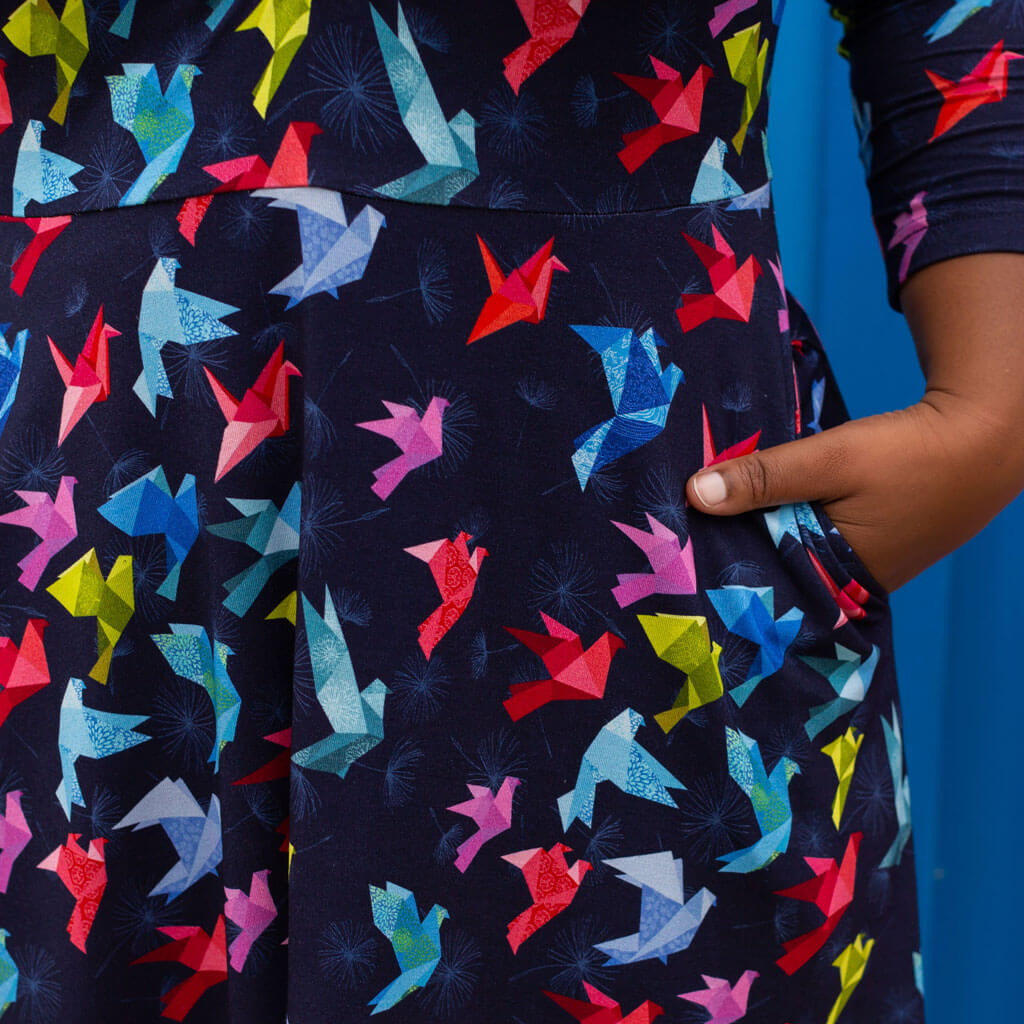 "Flight of Fancy" Origami Birds | Adult V-Neck A-Line Dress with Sleeves and Pockets