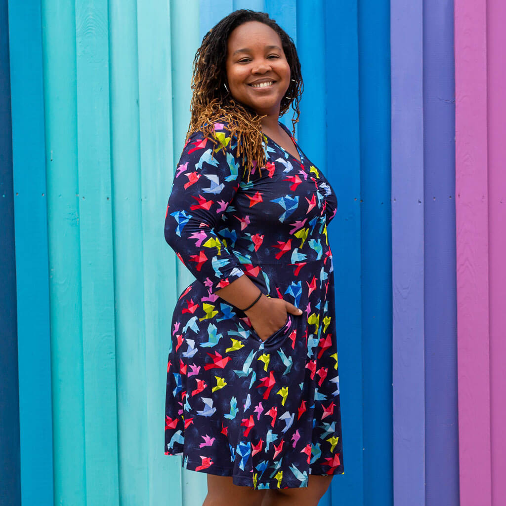 "Flight of Fancy" Origami Birds | Adult V-Neck A-Line Dress with Sleeves and Pockets