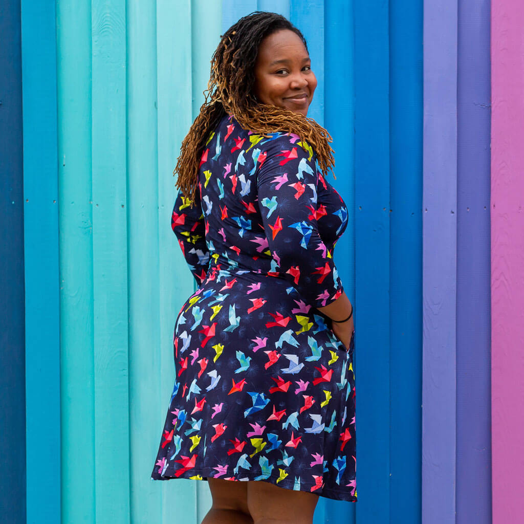 "Flight of Fancy" Origami Birds | Adult V-Neck A-Line Dress with Sleeves and Pockets