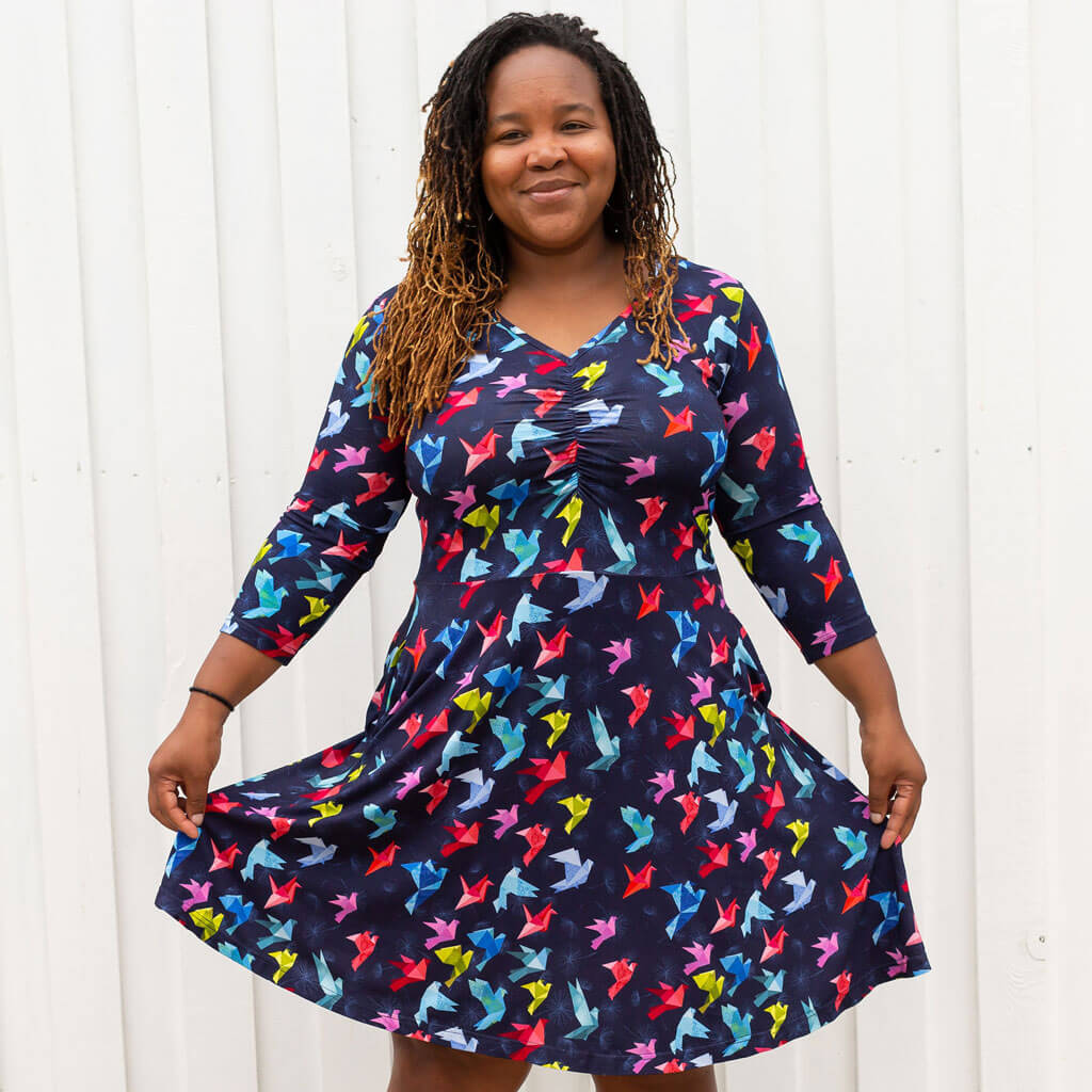 "Flight of Fancy" Origami Birds | Adult V-Neck A-Line Dress with Sleeves and Pockets
