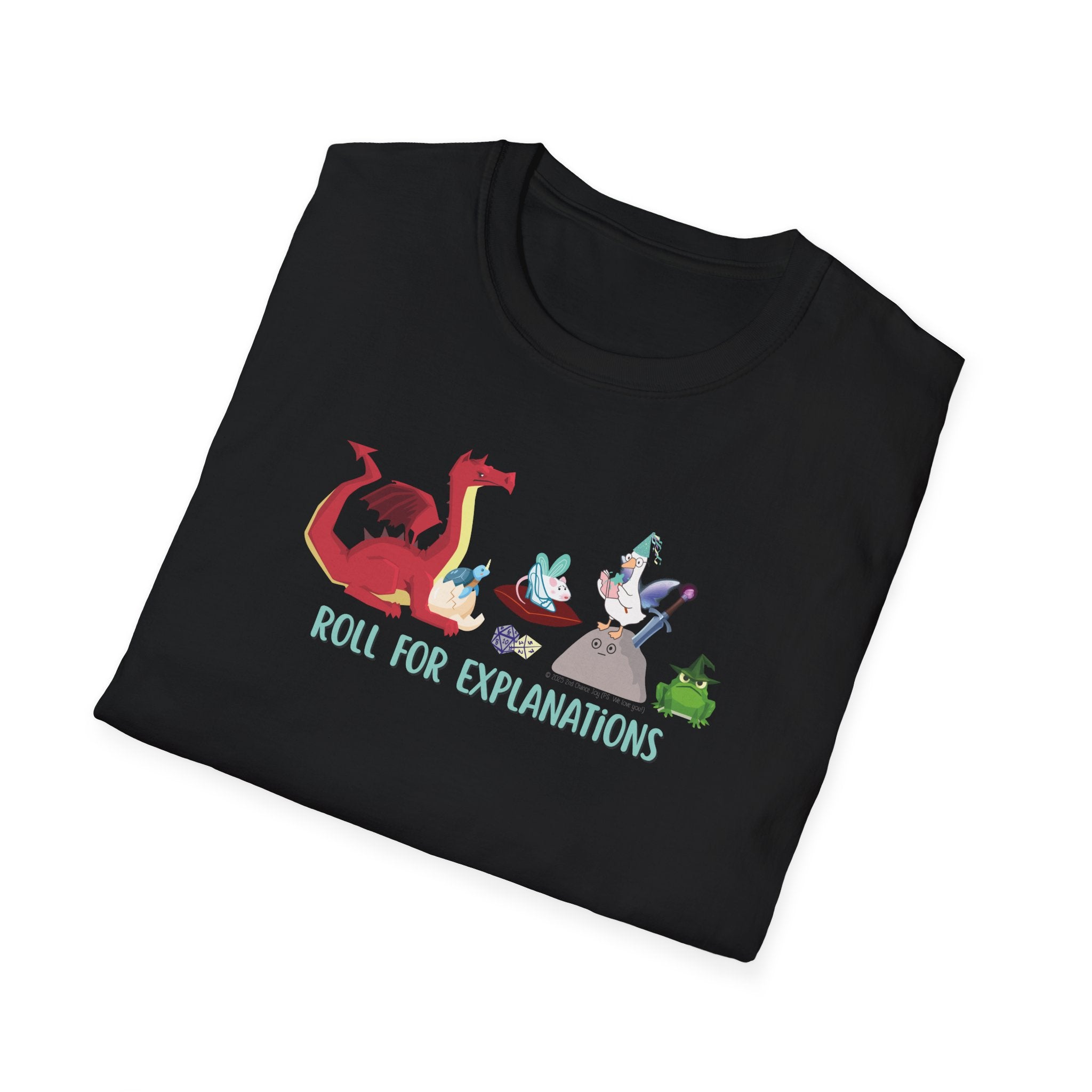 Roll for Explanations T-Shirt — RPG Dice & Fantasy Creature Scene | Unisex Adult Shirt