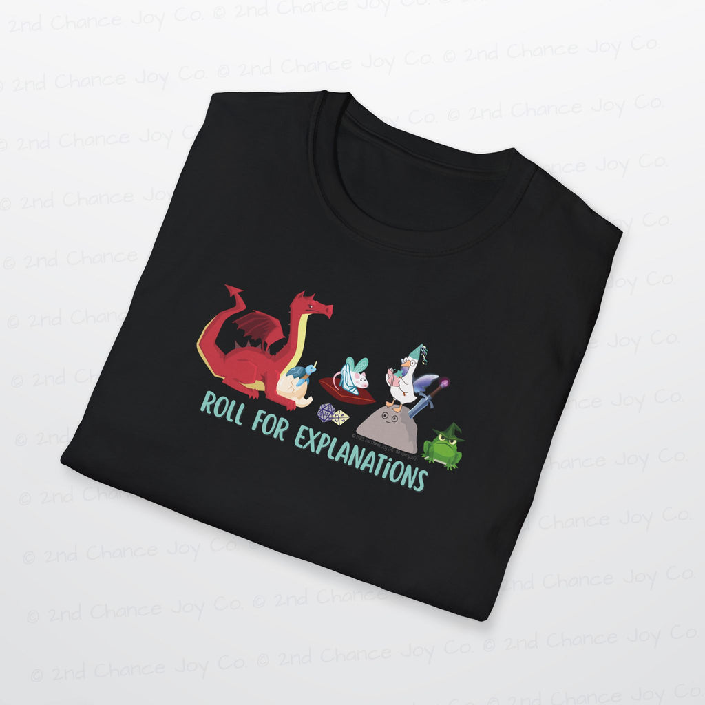 Roll for Explanations T-Shirt — RPG Dice & Fantasy Creature Scene | Unisex Adult Shirt