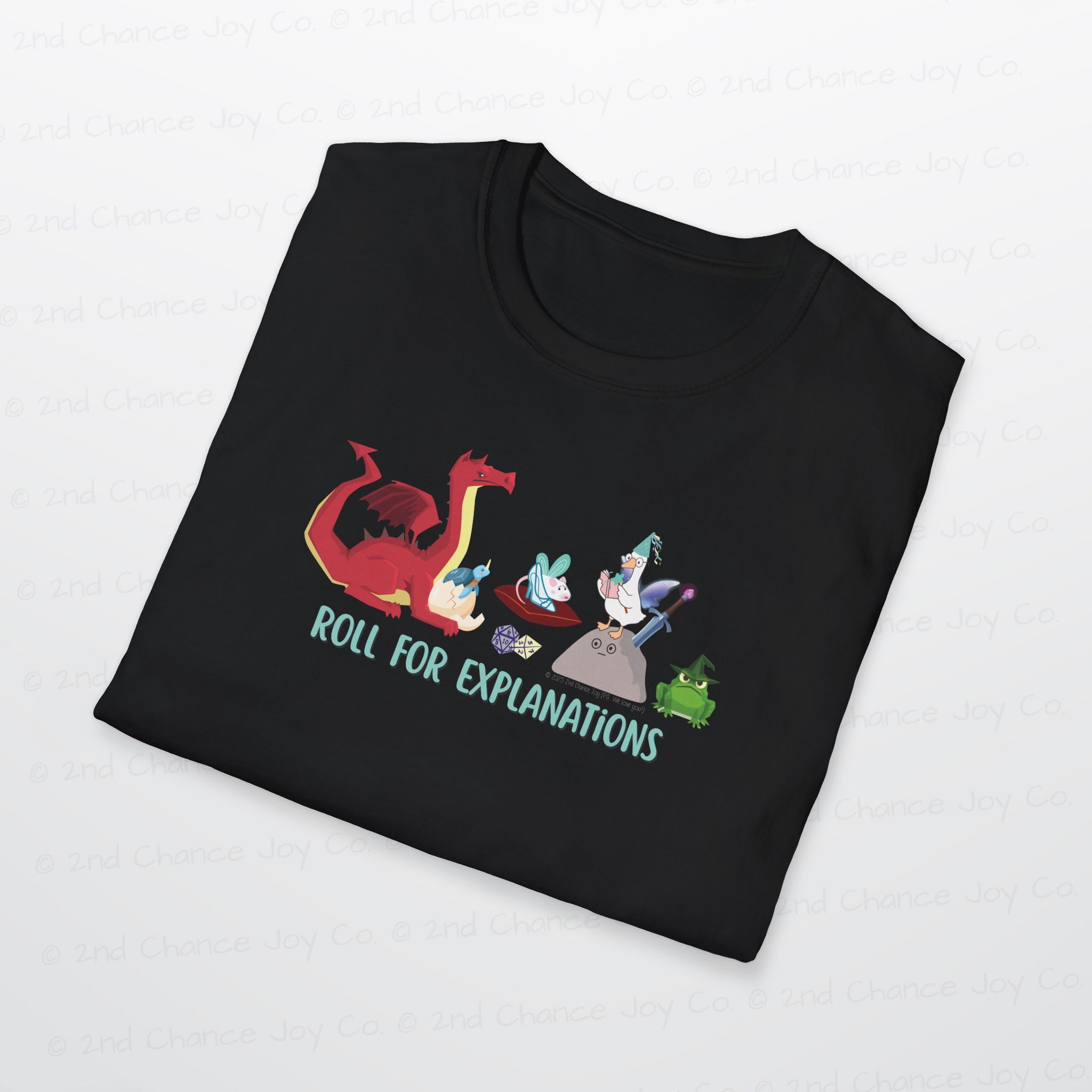 Roll for Explanations T-Shirt — RPG Dice & Fantasy Creature Scene | Unisex Adult Shirt