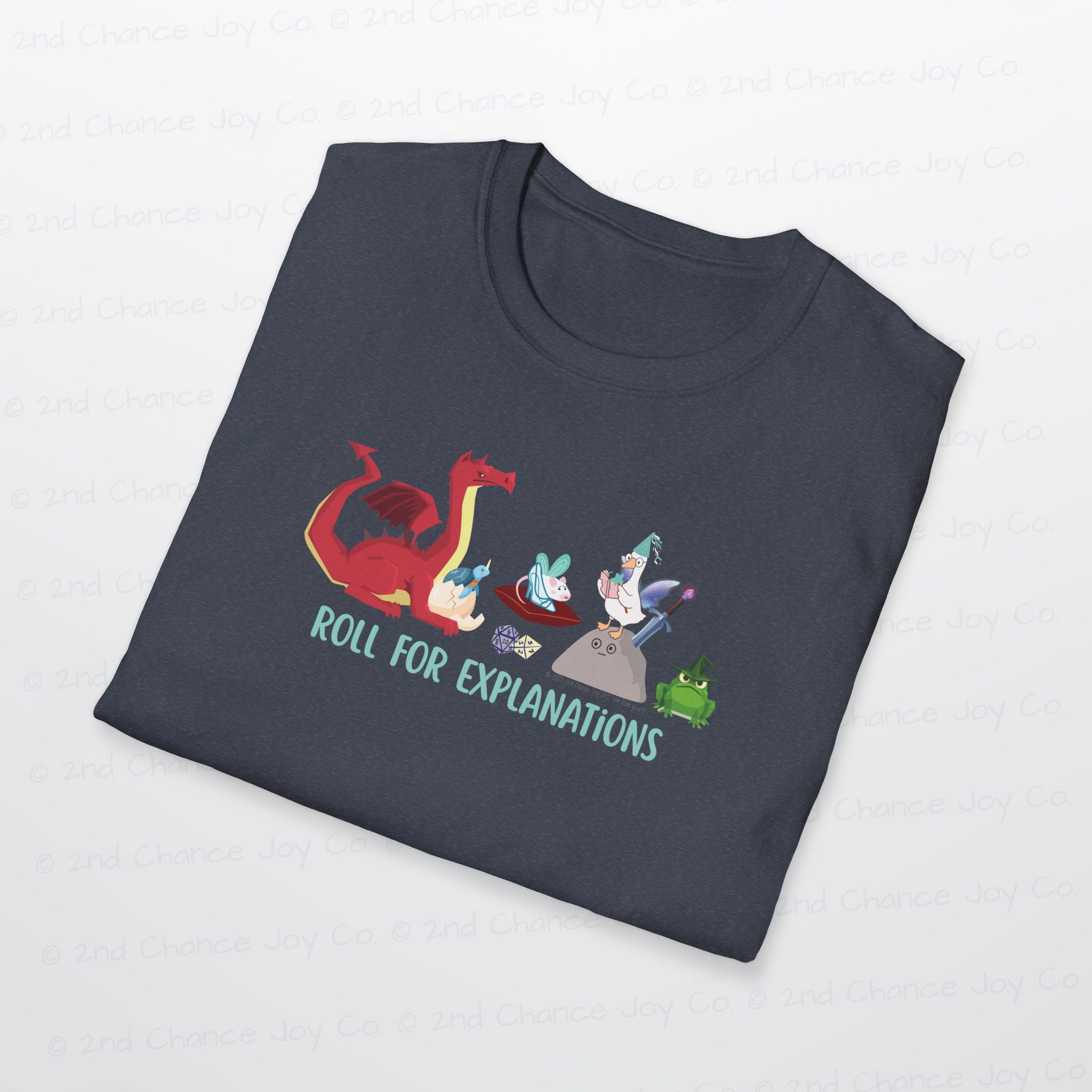 Roll for Explanations T-Shirt — RPG Dice & Fantasy Creature Scene | Unisex Adult Shirt