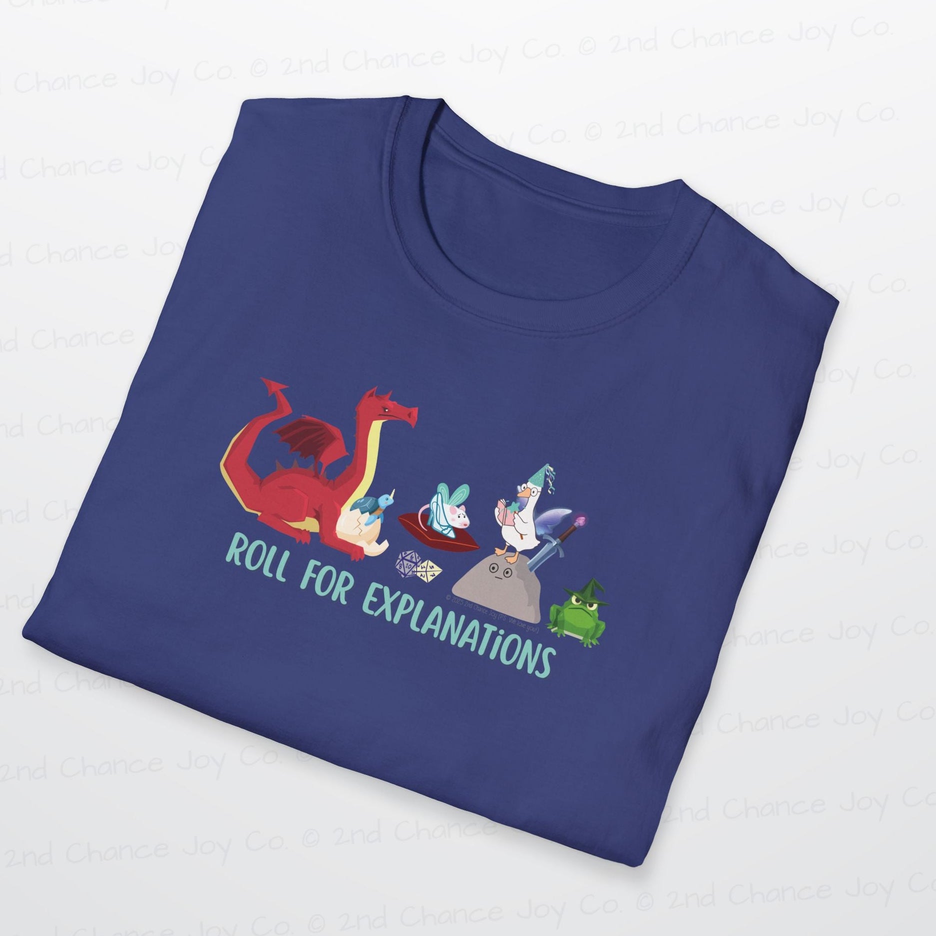 Roll for Explanations T-Shirt — RPG Dice & Fantasy Creature Scene | Unisex Adult Shirt