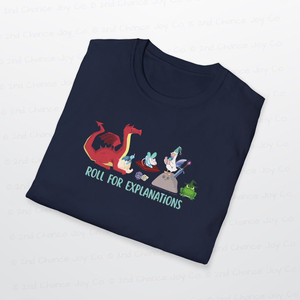 Roll for Explanations T-Shirt — RPG Dice & Fantasy Creature Scene | Unisex Adult Shirt