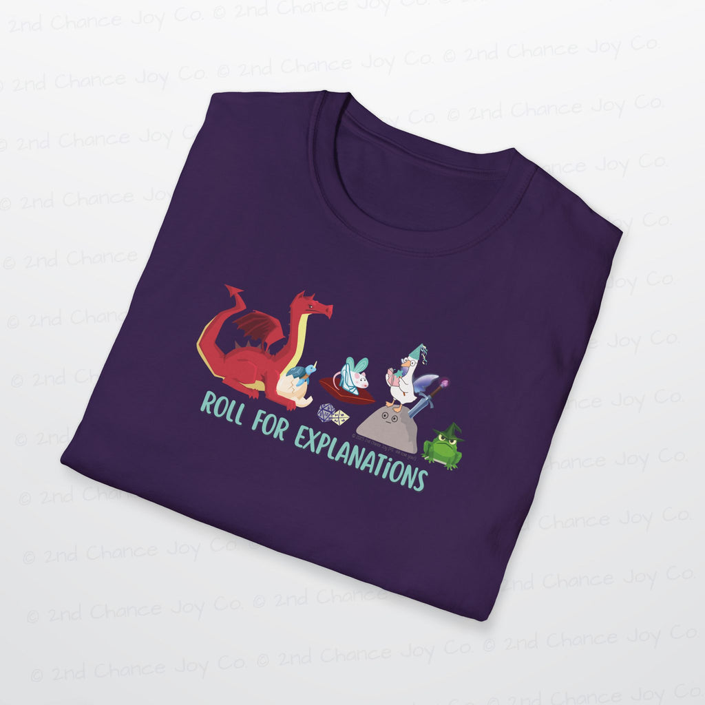 Roll for Explanations T-Shirt — RPG Dice & Fantasy Creature Scene | Unisex Adult Shirt