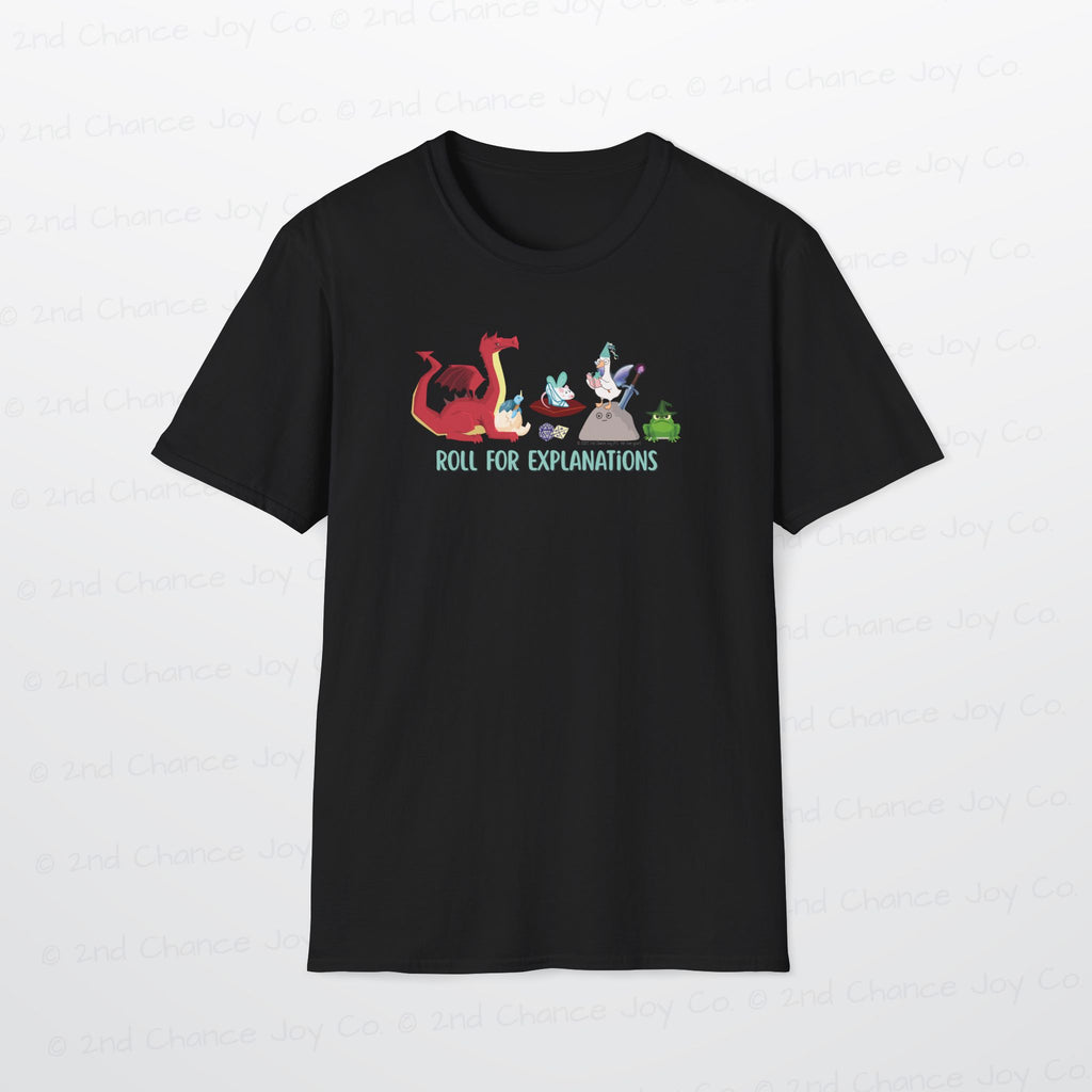 Roll for Explanations T-Shirt — RPG Dice & Fantasy Creature Scene | Unisex Adult Shirt
