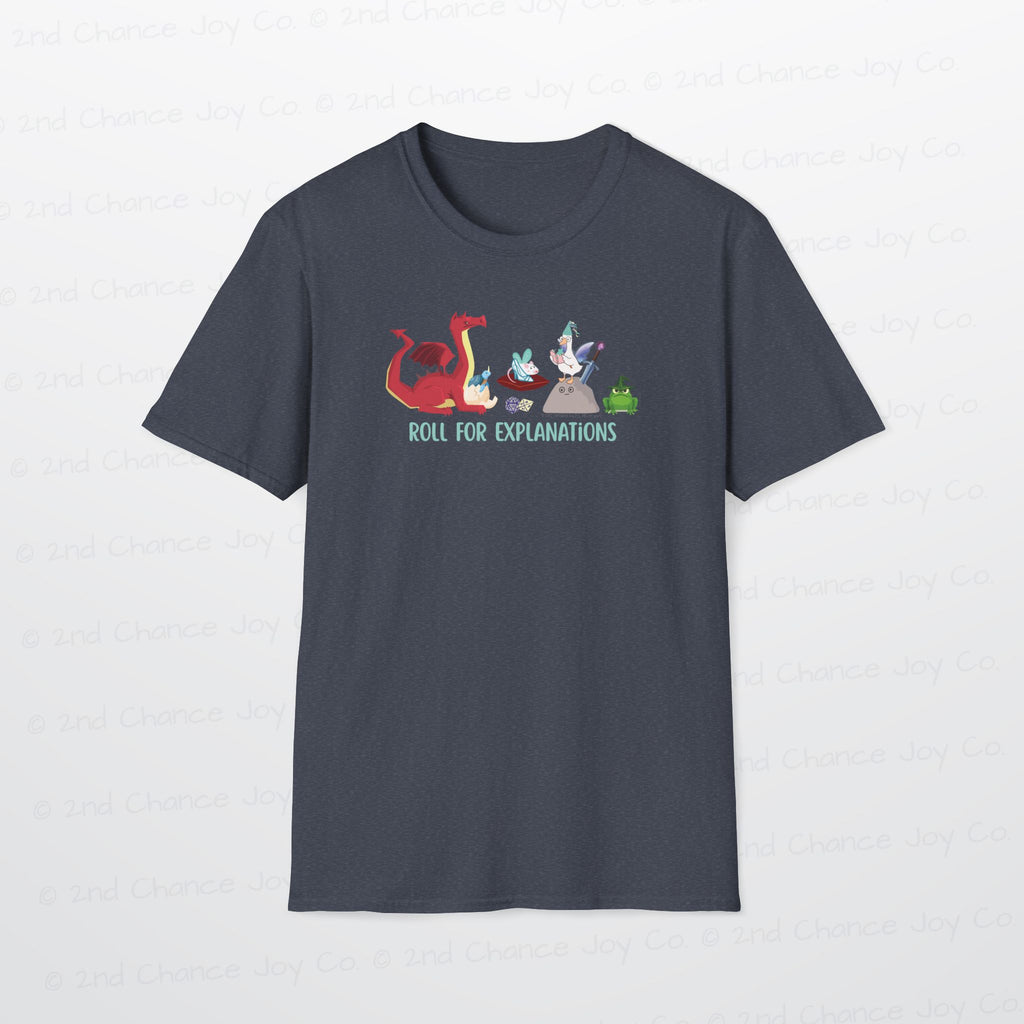 Roll for Explanations T-Shirt — RPG Dice & Fantasy Creature Scene | Unisex Adult Shirt