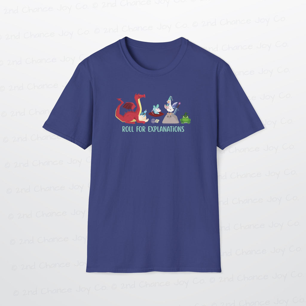 Roll for Explanations T-Shirt — RPG Dice & Fantasy Creature Scene | Unisex Adult Shirt