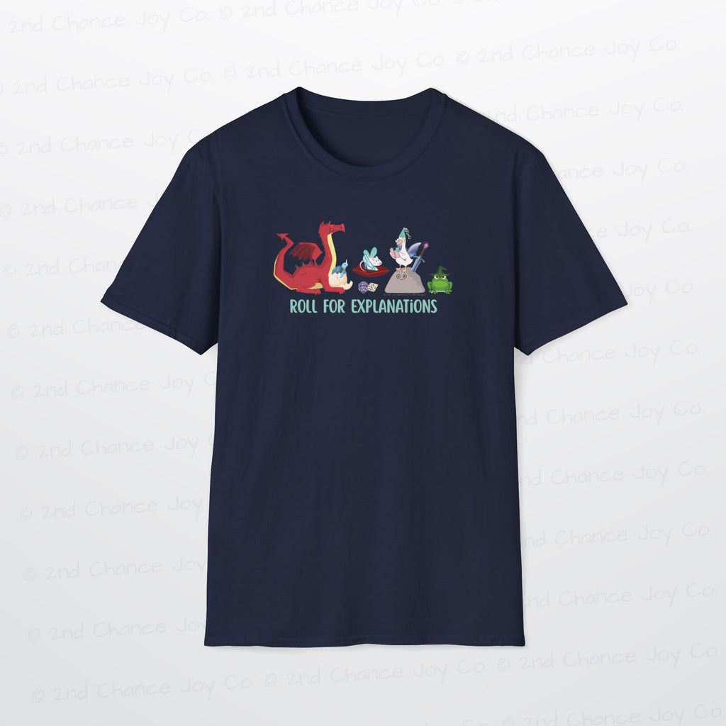 Roll for Explanations T-Shirt — RPG Dice & Fantasy Creature Scene | Unisex Adult Shirt