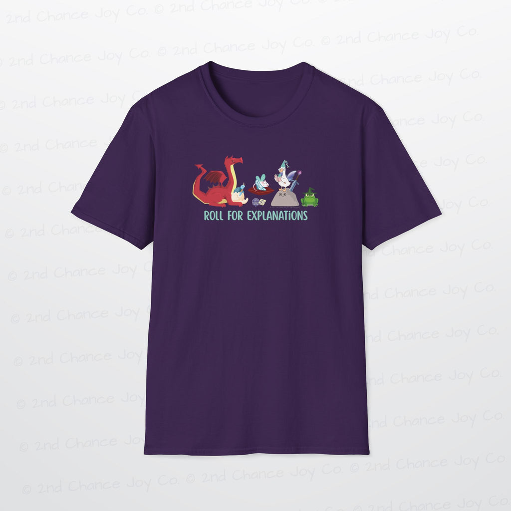 Roll for Explanations T-Shirt — RPG Dice & Fantasy Creature Scene | Unisex Adult Shirt