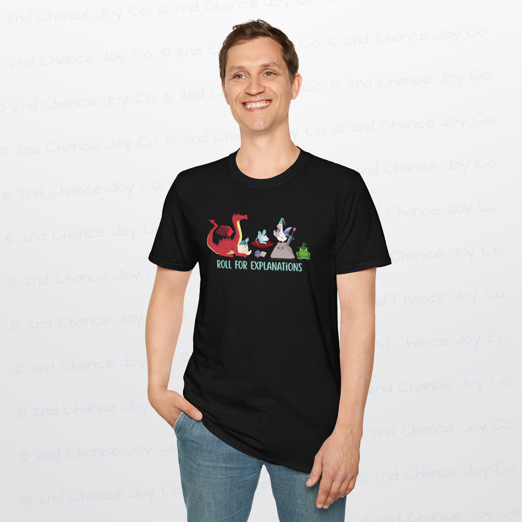 Roll for Explanations T-Shirt — RPG Dice & Fantasy Creature Scene | Unisex Adult Shirt