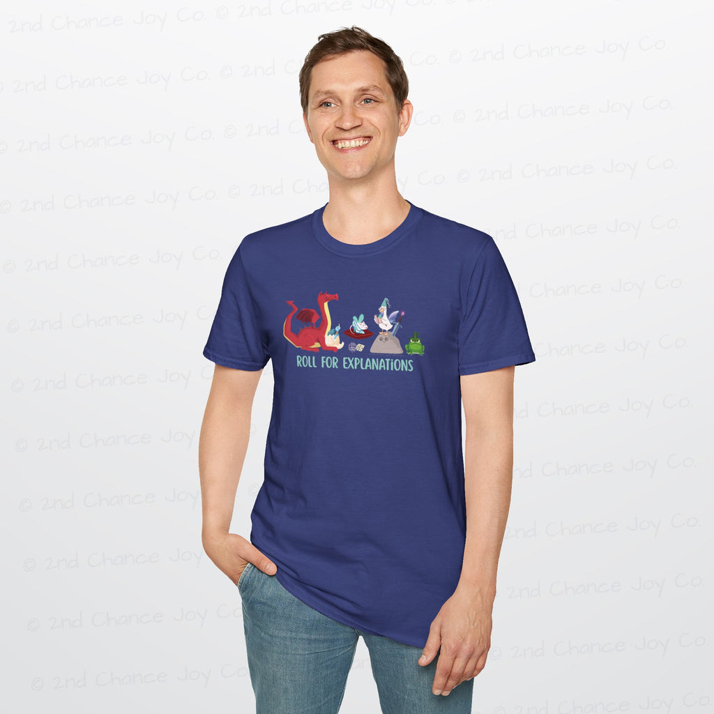 Roll for Explanations T-Shirt — RPG Dice & Fantasy Creature Scene | Unisex Adult Shirt