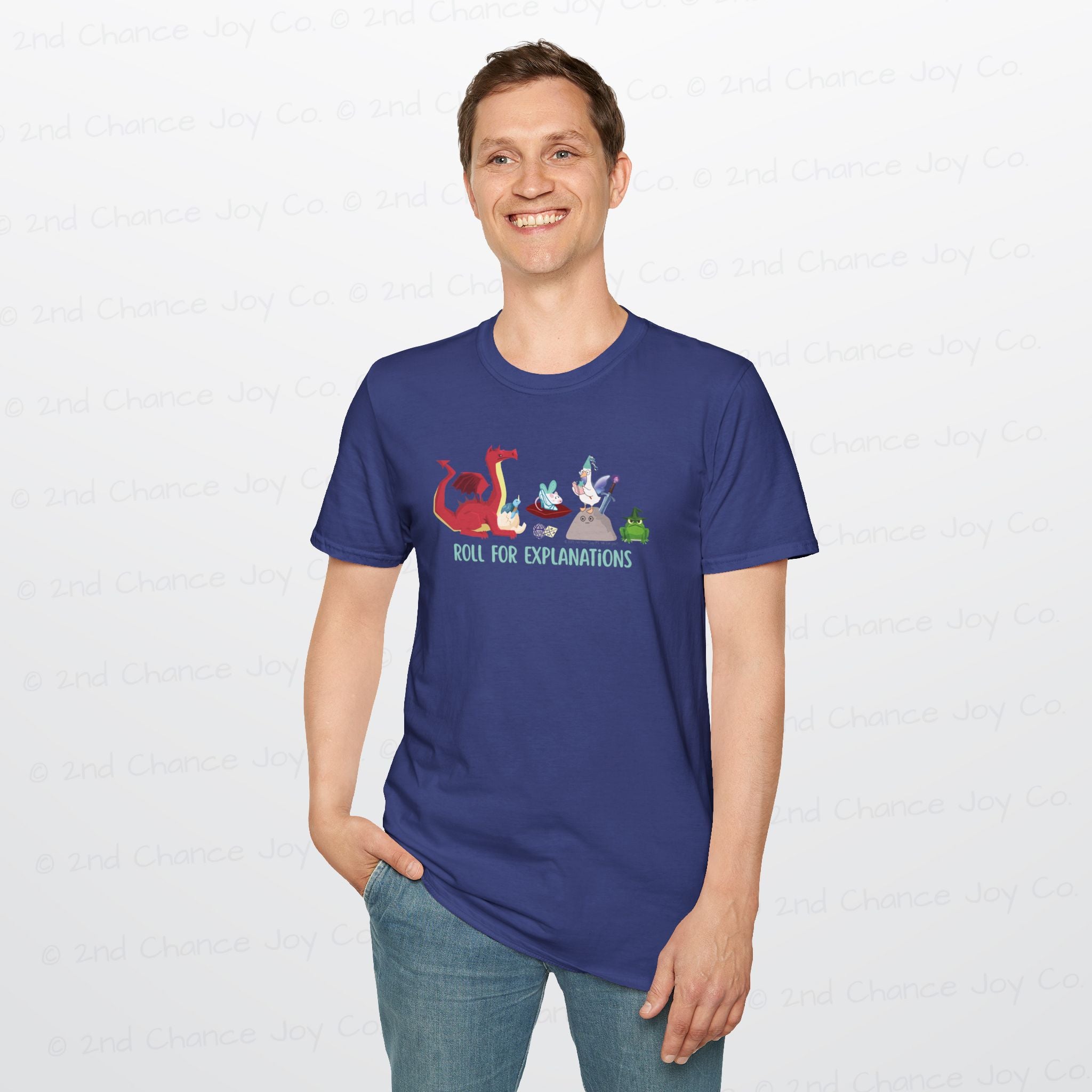 Roll for Explanations T-Shirt — RPG Dice & Fantasy Creature Scene | Unisex Adult Shirt