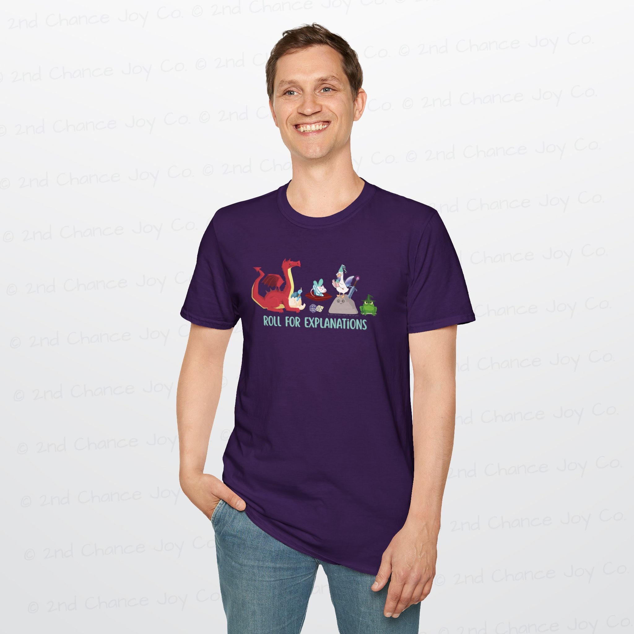 Roll for Explanations T-Shirt — RPG Dice & Fantasy Creature Scene | Unisex Adult Shirt
