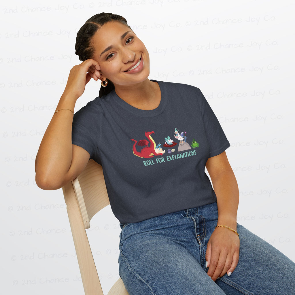 Roll for Explanations T-Shirt — RPG Dice & Fantasy Creature Scene | Unisex Adult Shirt