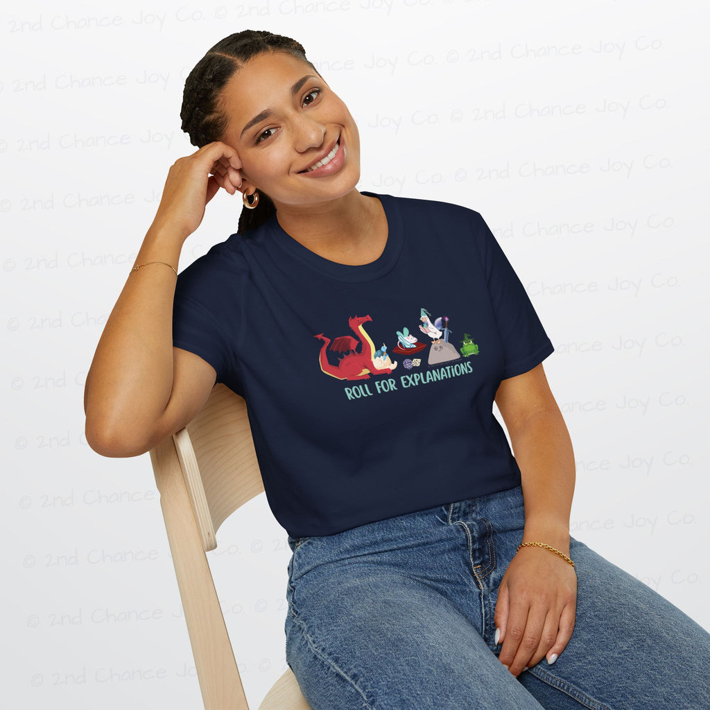 Roll for Explanations T-Shirt — RPG Dice & Fantasy Creature Scene | Unisex Adult Shirt