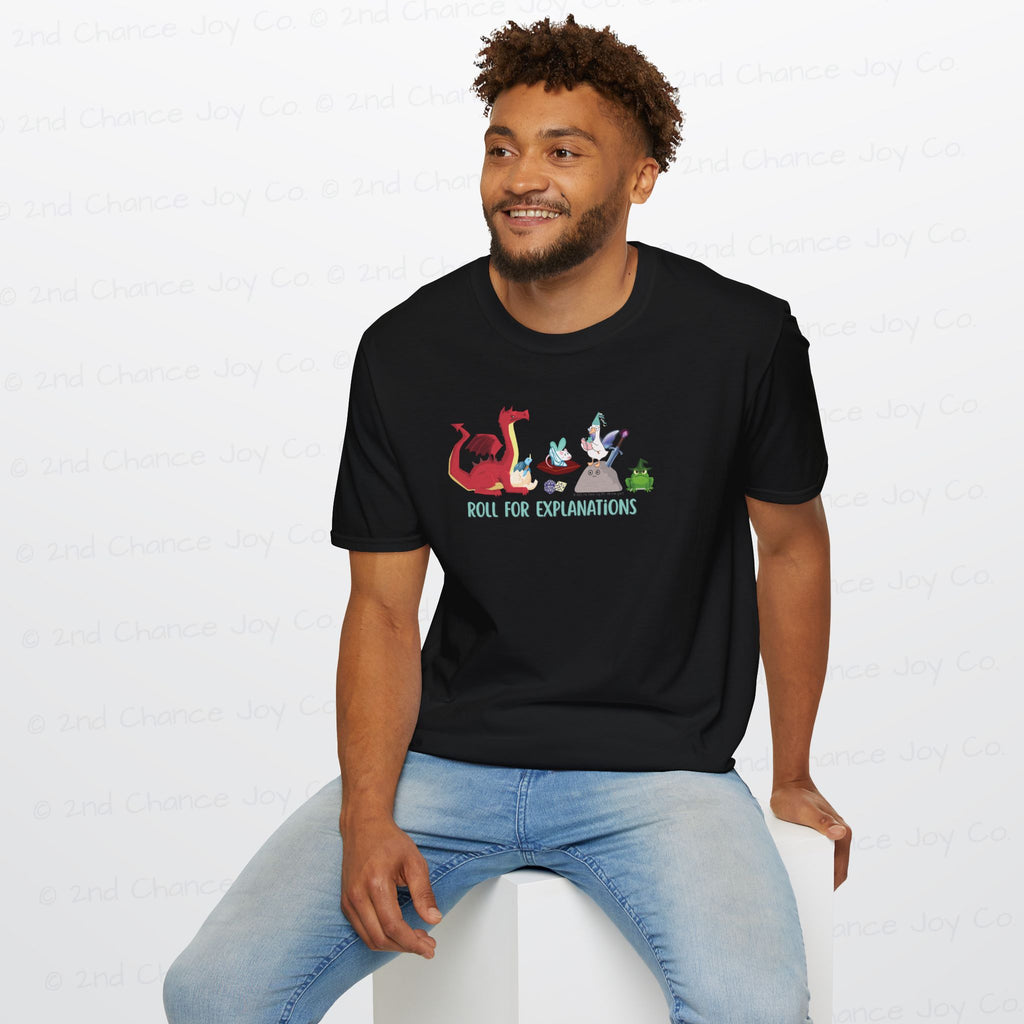 Roll for Explanations T-Shirt — RPG Dice & Fantasy Creature Scene | Unisex Adult Shirt