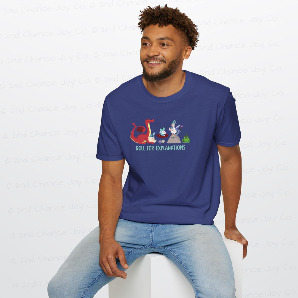 Roll for Explanations T-Shirt — RPG Dice & Fantasy Creature Scene | Unisex Adult Shirt