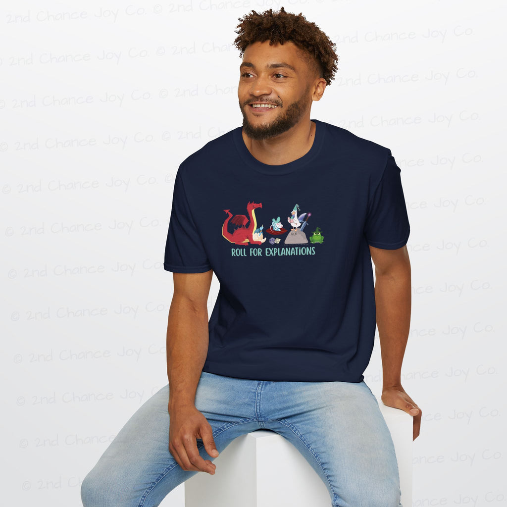 Roll for Explanations T-Shirt — RPG Dice & Fantasy Creature Scene | Unisex Adult Shirt