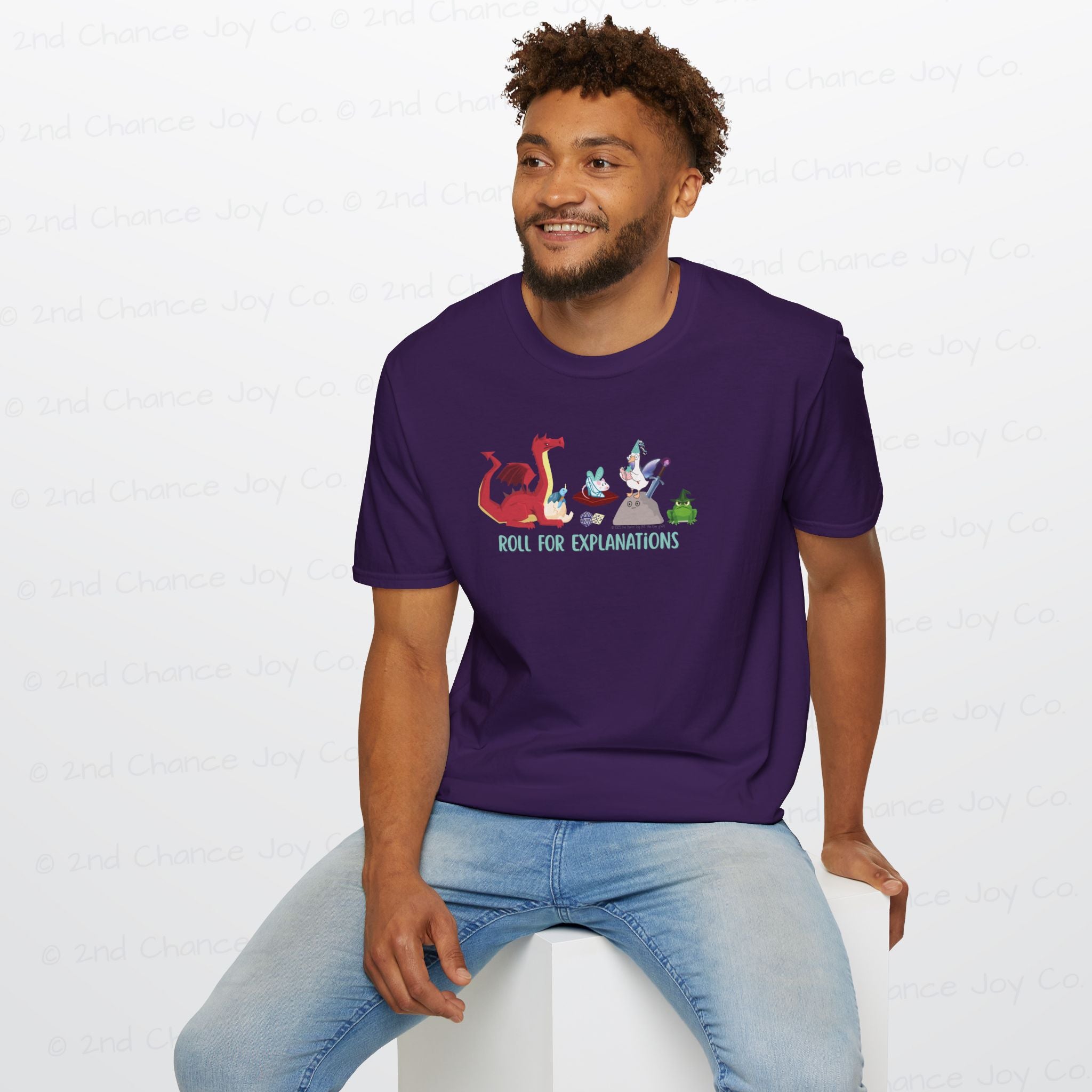 Roll for Explanations T-Shirt — RPG Dice & Fantasy Creature Scene | Unisex Adult Shirt